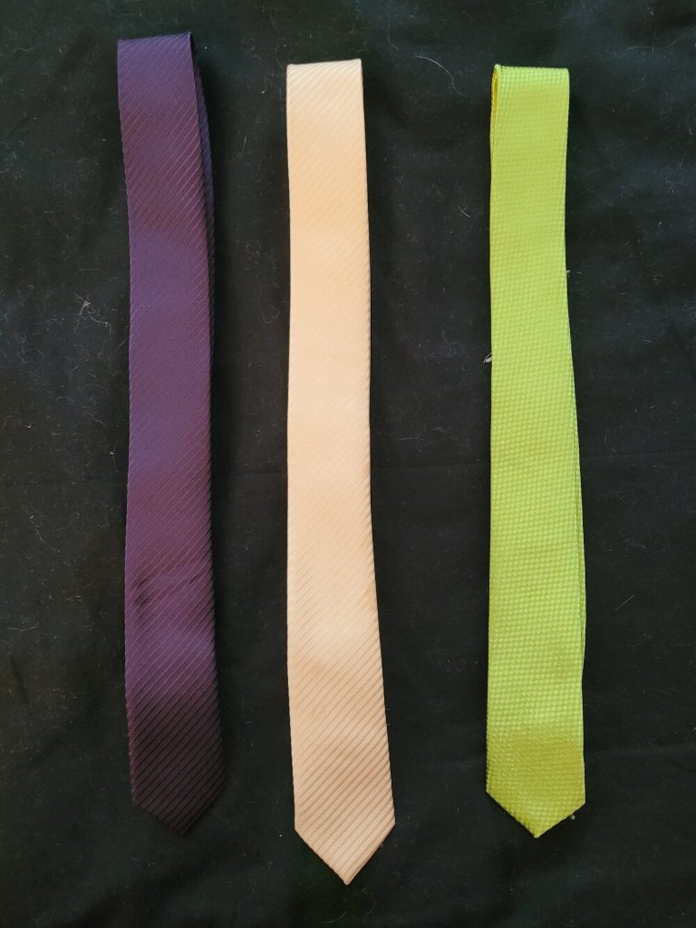 3 Dan Smith skinny ties - purple, creme, green